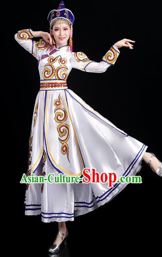 Chinese Traditional Mongol Nationality Folk Dance Costumes Mongolian Ethnic Minority Woman White Dress