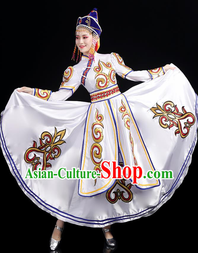 Chinese Traditional Mongol Nationality Folk Dance Costumes Mongolian Ethnic Minority Woman White Dress