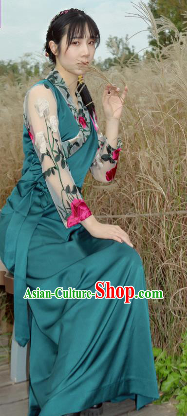 China Traditional Tibetan Ethnic Blue Bola Dress Zang Nationality Kangba Woman Clothing