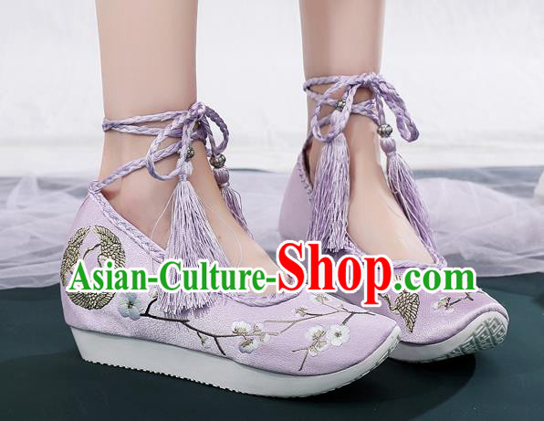 China Ancient Princess Embroidered Shoes National Lilac Satin Shoes Traditional Hanfu Shoes