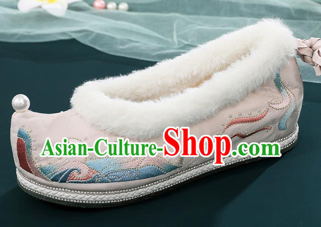 China National Woman Winter Shoes Traditional Ming Dynasty Princess Shoes Ancient Hanfu Embroidered Bow Shoes