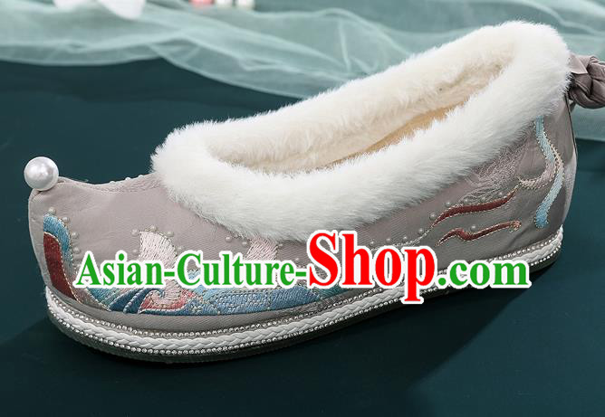 China Traditional Ming Dynasty Princess Shoes Ancient Hanfu Embroidered Grey Bow Shoes National Woman Winter Cloth Shoes