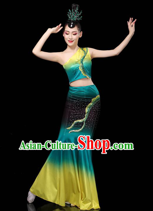 Chinese Yunnan Ethnic Stage Performance Green Dress Traditional Dai Nationality Peacock Dance Costumes