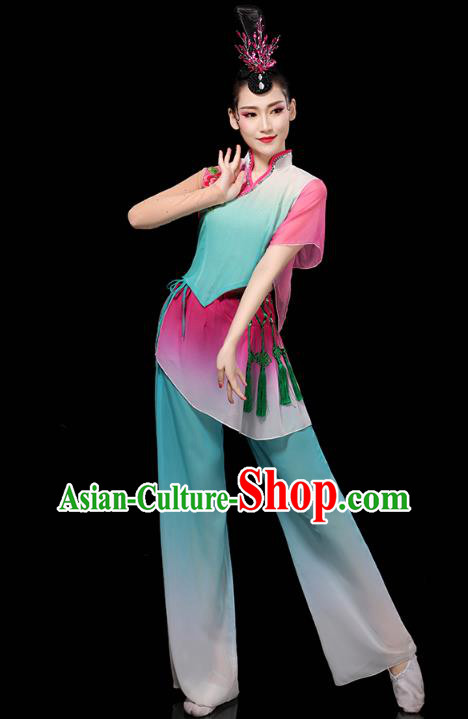 China Folk Dance Performance Blue Outfits Yangko Dance Clothing Traditional Fan Dance Costume