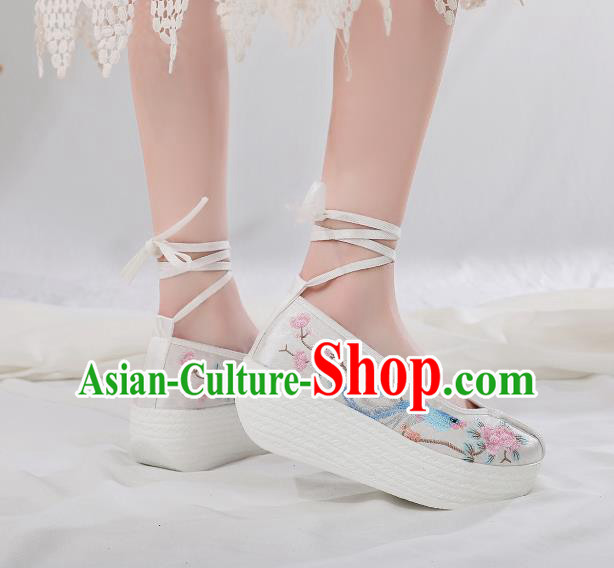 China Embroidered Peach Blossom Shoes Traditional Hanfu White Satin Shoes Handmade Platform Shoes