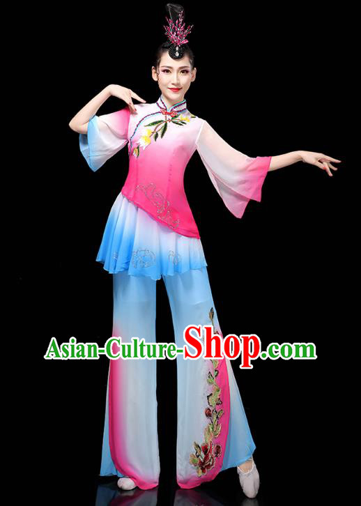 China Traditional Fan Dance Costume Folk Dance Performance Rosy Outfits Yangko Dance Clothing