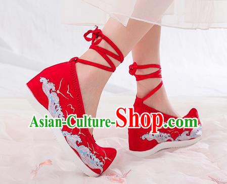 China National Woman Wedges Shoes Traditional Embroidered Waves Shoes Handmade Wedding Red Cloth Shoes