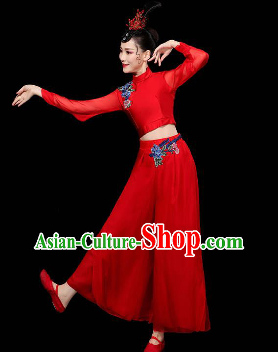China Traditional Yangko Group Dance Clothing Fan Dance Costume Folk Dance Red Chiffon Outfits