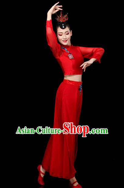 China Traditional Yangko Group Dance Clothing Fan Dance Costume Folk Dance Red Chiffon Outfits