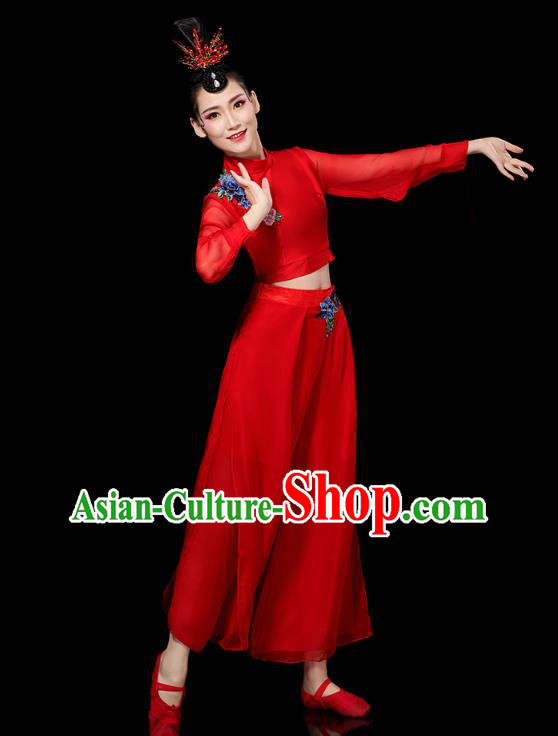 China Traditional Yangko Group Dance Clothing Fan Dance Costume Folk Dance Red Chiffon Outfits