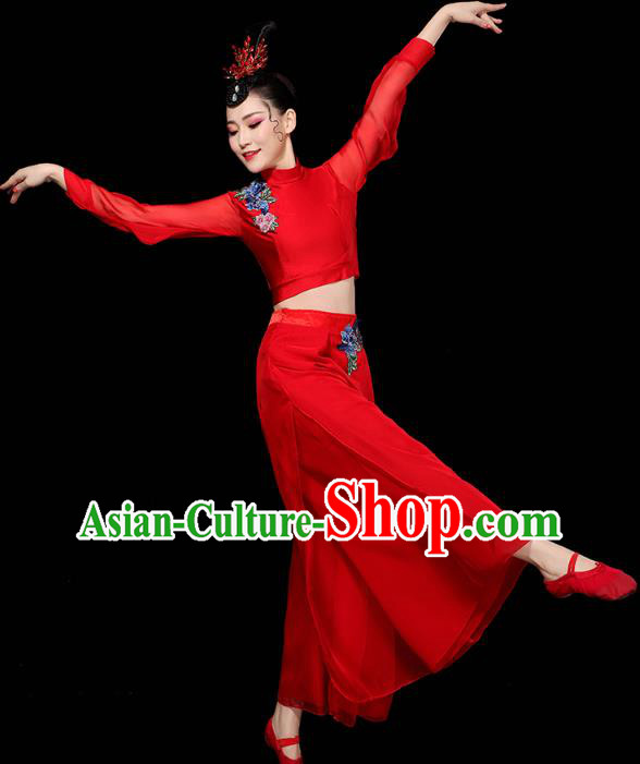 China Traditional Yangko Group Dance Clothing Fan Dance Costume Folk Dance Red Chiffon Outfits
