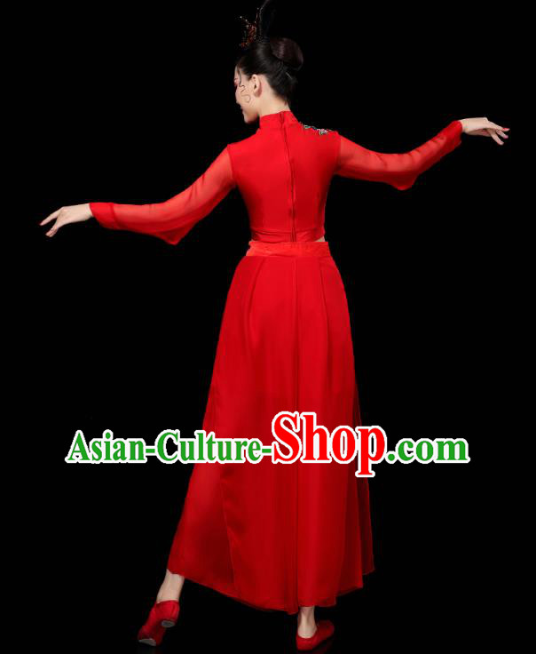 China Traditional Yangko Group Dance Clothing Fan Dance Costume Folk Dance Red Chiffon Outfits