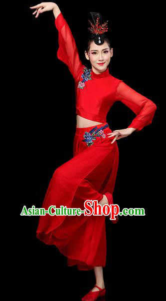 China Traditional Yangko Group Dance Clothing Fan Dance Costume Folk Dance Red Chiffon Outfits