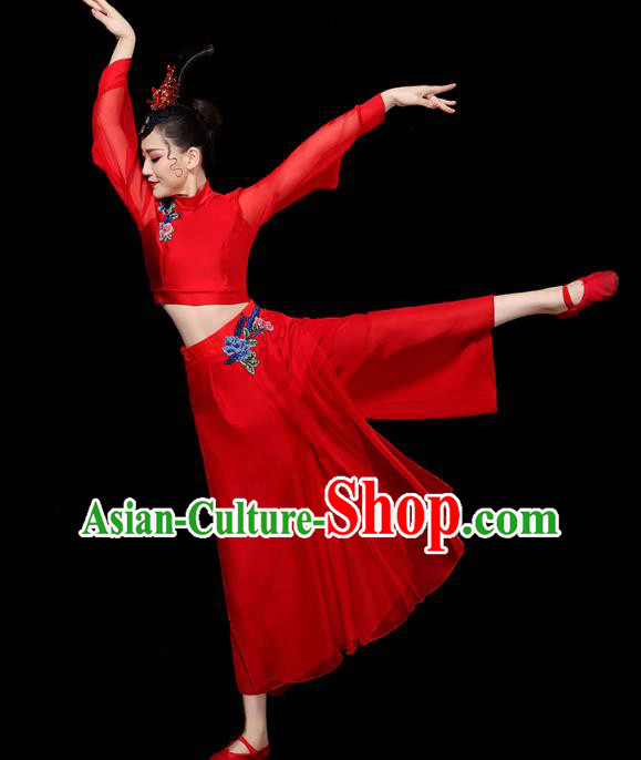 China Traditional Yangko Group Dance Clothing Fan Dance Costume Folk Dance Red Chiffon Outfits