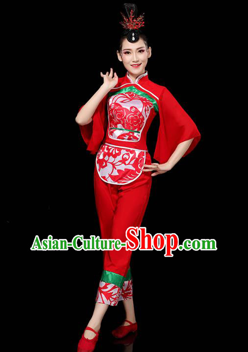 China Folk Dance Drum Dance Red Outfits Traditional Yangko Dance Clothing Fan Dance Costume