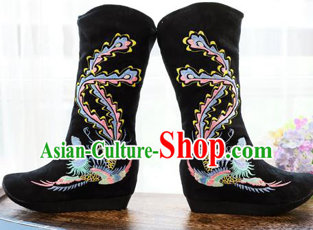 Chinese Traditional Hanfu Swordsman Black Cloth Boots National Embroidered Phoenix Shoes
