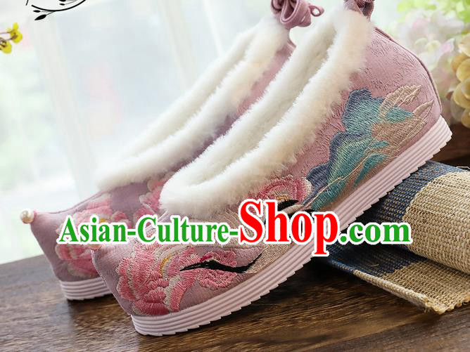 China Traditional Embroidered Cloud Crane Shoes Handmade Winter Pink Cloth Shoes National Woman Hanfu Shoes
