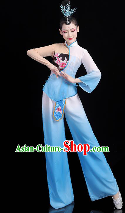 China Traditional New Year Yangko Dance Clothing Fan Dance Costume Folk Dance Blue Outfits
