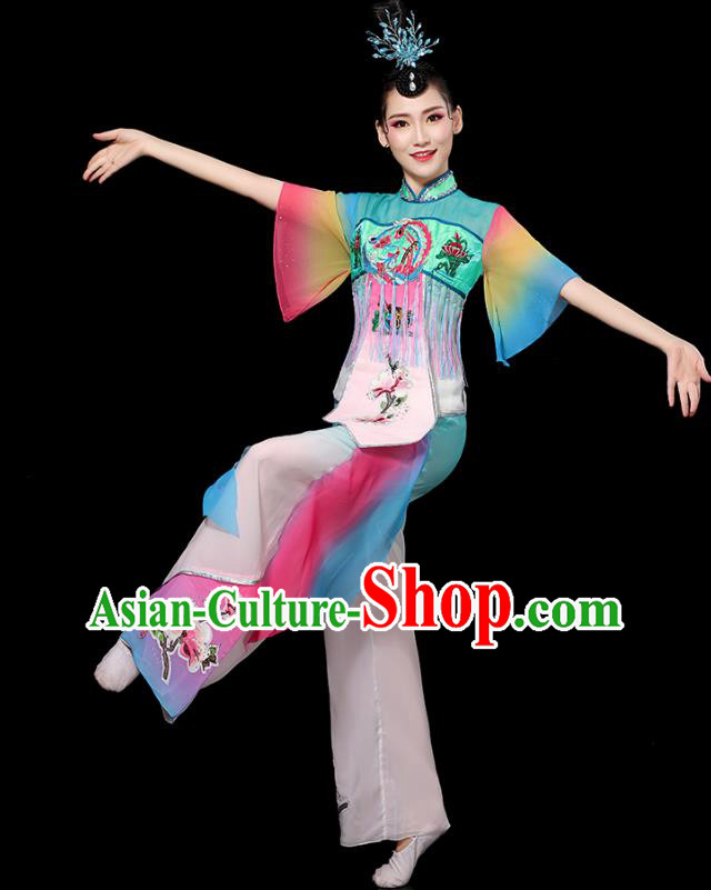 China Folk Dance Embroidered Outfits Yangko Dance Performance Clothing Traditional Fan Dance Costume