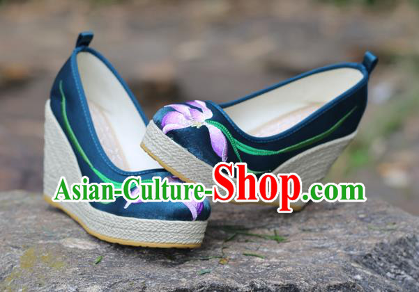 Chinese Yunnan Ethnic Folk Dance Wedge Heel Shoes National Embroidered Orchids Navy Satin Shoes