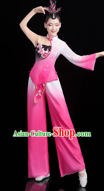China Folk Dance Fan Dance Rosy Outfits Traditional New Year Yangko Dance Clothing