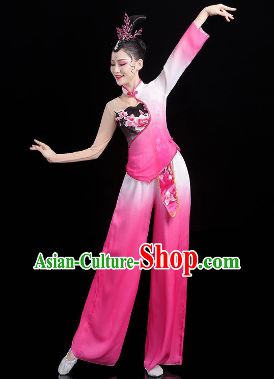 China Folk Dance Fan Dance Rosy Outfits Traditional New Year Yangko Dance Clothing
