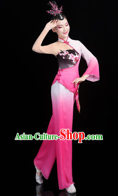 China Folk Dance Fan Dance Rosy Outfits Traditional New Year Yangko Dance Clothing