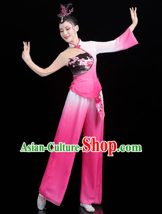 China Folk Dance Fan Dance Rosy Outfits Traditional New Year Yangko Dance Clothing