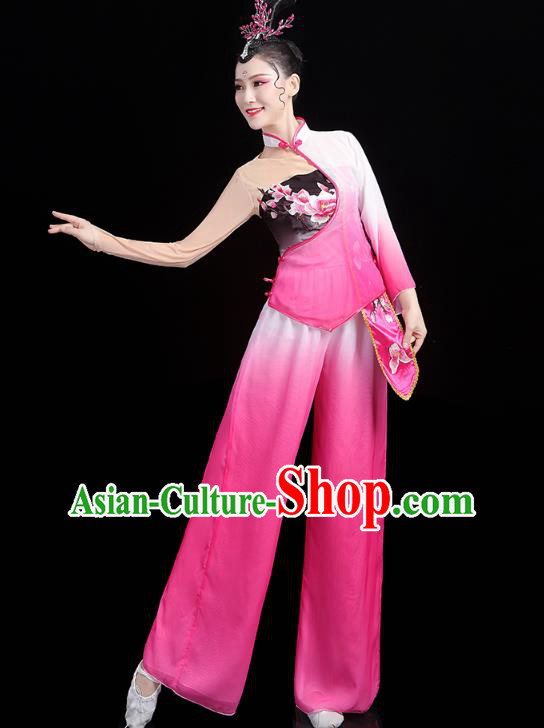 China Folk Dance Fan Dance Rosy Outfits Traditional New Year Yangko Dance Clothing