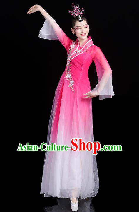 Chinese Classical Dance Rosy Dress Traditional Group Dance Performance Costume Umbrella Dance Clothing