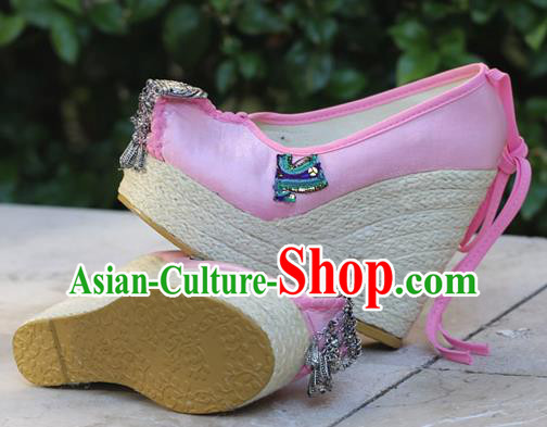 Chinese National Embroidered Pink Cloth Shoes Yunnan Ethnic Silver Tassel Wedge Heel Shoes