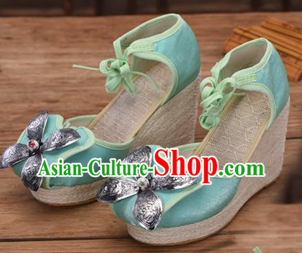 Chinese National Green Cloth Shoes Yunnan Ethnic Silver Wedge Heel Sandal Summer Shoes