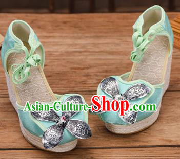 Chinese National Green Cloth Shoes Yunnan Ethnic Silver Wedge Heel Sandal Summer Shoes