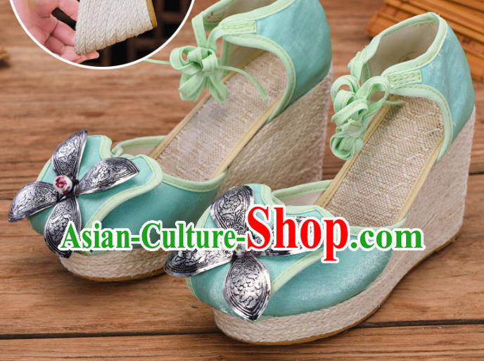 Chinese National Green Cloth Shoes Yunnan Ethnic Silver Wedge Heel Sandal Summer Shoes
