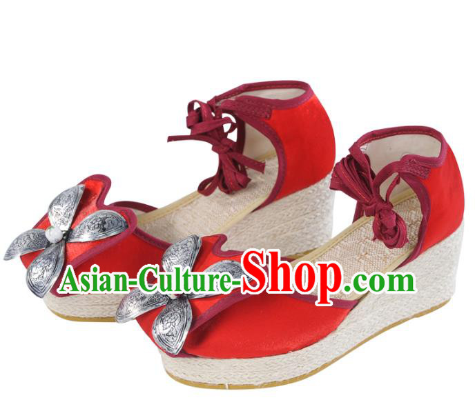 Chinese Yunnan Ethnic Silver Wedge Heel Sandal Summer Shoes National Red Cloth Shoes