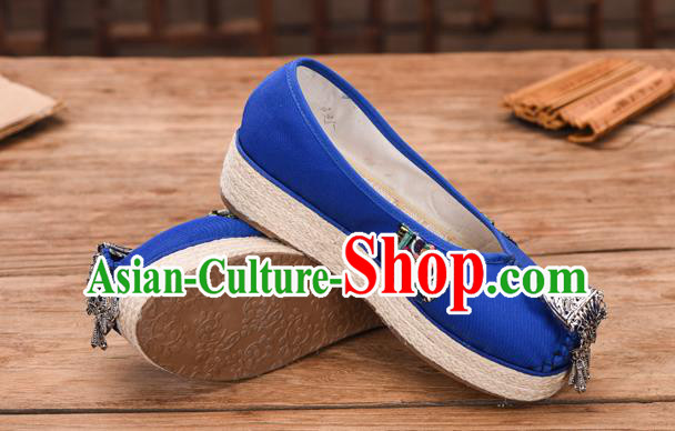 Chinese National Embroidered Royalblue Cloth Shoes Yunnan Miao Ethnic Folk Dance Wedge Heel Shoes