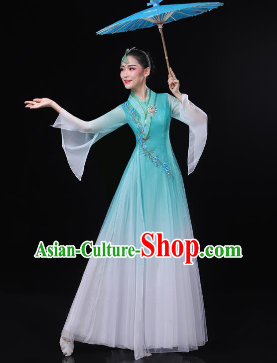 Chinese Classical Dance Blue Dress Traditional Goddess Group Dance Costume Umbrella Dance Clothing