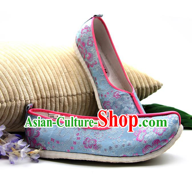 China Handmade Blue Brocade Shoes Ancient Ming Dynasty Princess Shoes Traditional Hanfu Shoes