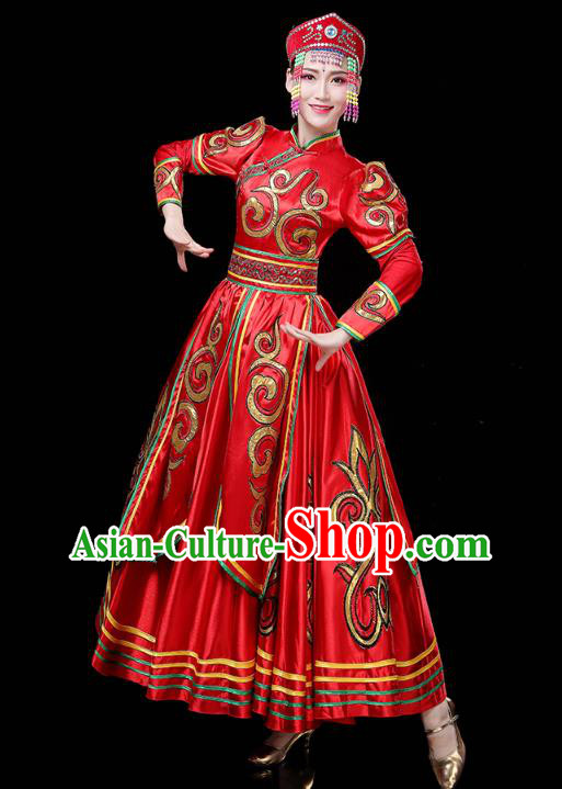 Chinese Mongol Ethnic Folk Dance Red Dress Traditional Mongolian Nationality Wedding Bride Costume