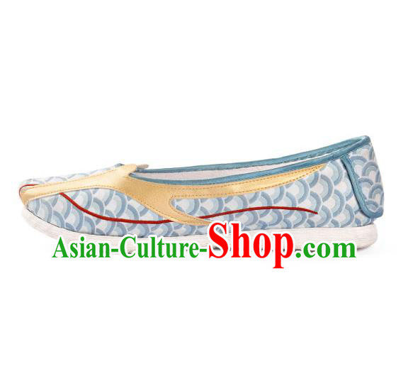 China Traditional Hanfu Shoes Handmade Light Blue Cloth Shoes National Dragon Horn Shoes