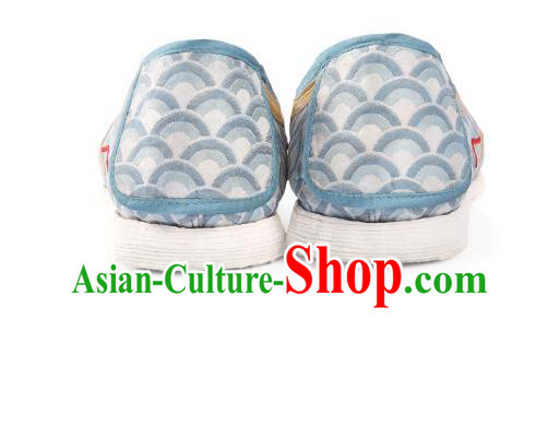 China Traditional Hanfu Shoes Handmade Light Blue Cloth Shoes National Dragon Horn Shoes