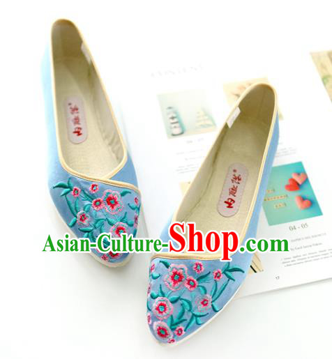 China Handmade Blue Cloth Shoes Embroidered Flowers Shoes Traditional Qing Dynasty Palace Lady Shoes