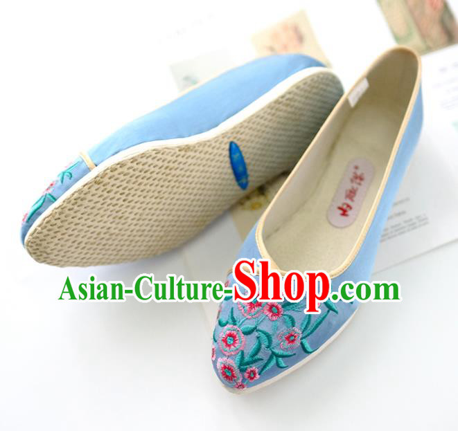 China Handmade Blue Cloth Shoes Embroidered Flowers Shoes Traditional Qing Dynasty Palace Lady Shoes