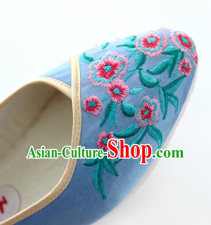 China Handmade Blue Cloth Shoes Embroidered Flowers Shoes Traditional Qing Dynasty Palace Lady Shoes
