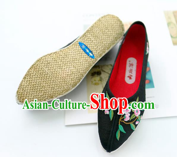 China National Embroidered Flowers Shoes Traditional Folk Dance Shoes Handmade Black Cloth Shoes