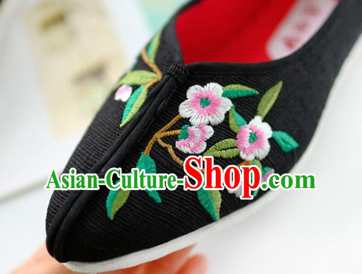 China National Embroidered Flowers Shoes Traditional Folk Dance Shoes Handmade Black Cloth Shoes