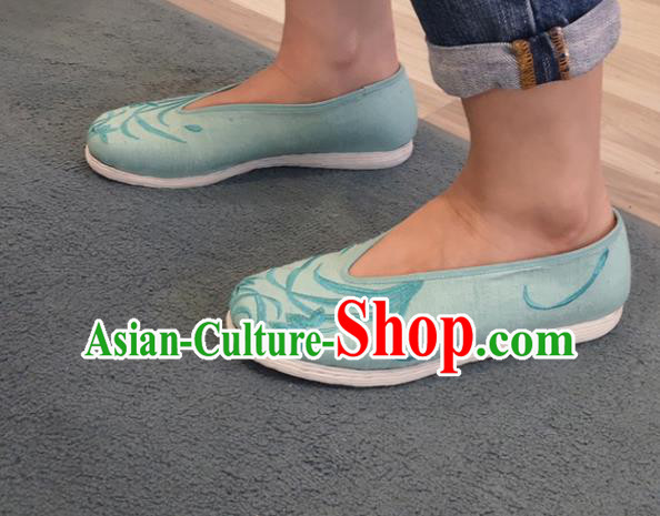 China Traditional Qing Dynasty Court Lady Shoes Handmade Blue Cloth Shoes Embroidered Orchids Shoes