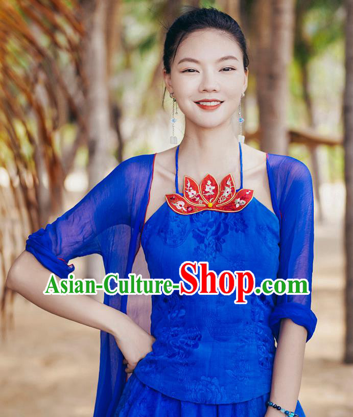 China Traditional Embroidered Royalblue Sun Top Clothing National Tang Suit Upper Outer Garment Stomachers