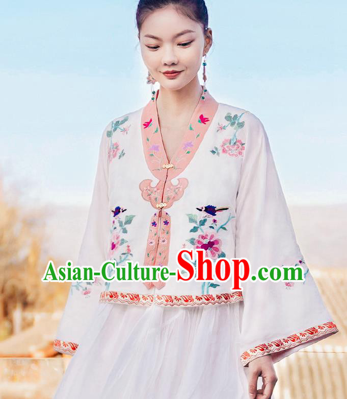 China Traditional Embroidered White Blouse National Tang Suit Upper Outer Garment Clothing