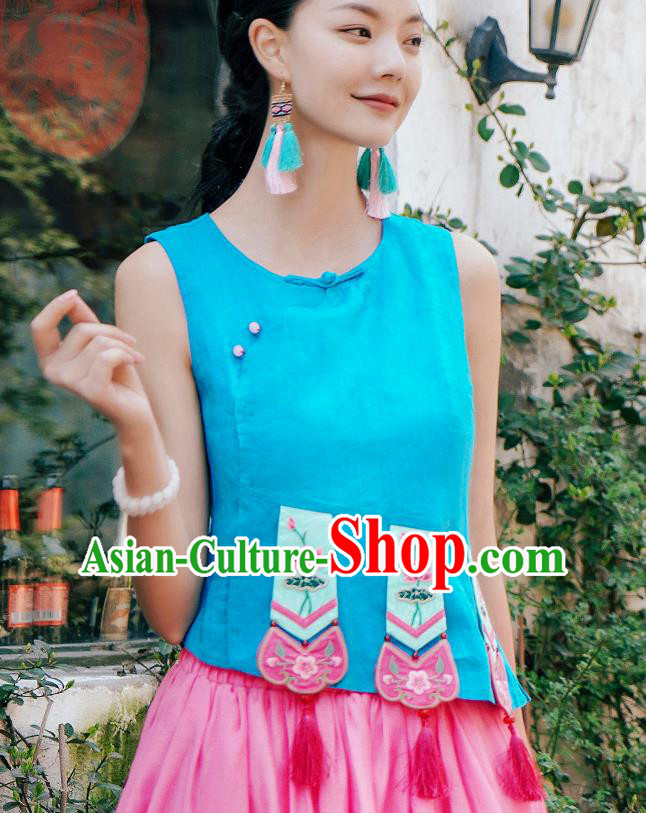 China National Tang Suit Upper Outer Garment Clothing Traditional Embroidered Blue Vest
